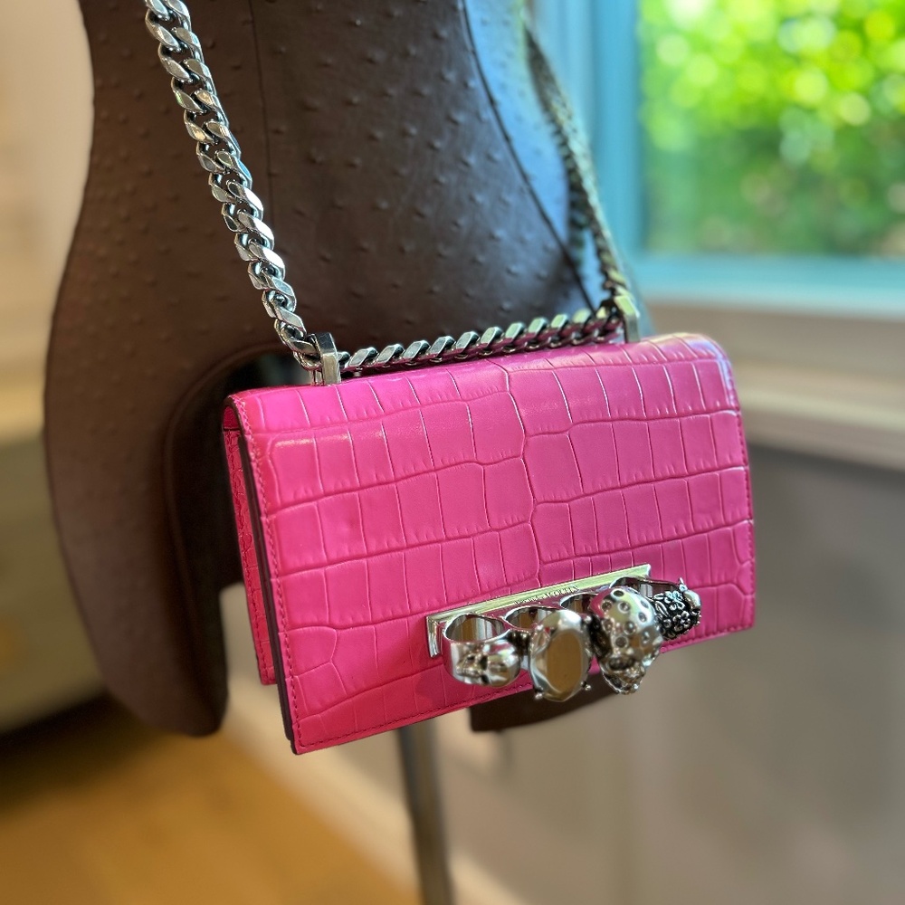 Alexander McQueen Shiny Crocodile Embossed Jeweled Satchel/ Crossbody Peony Pink